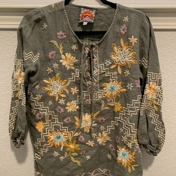 Johnny Was Embroidered Olive Green Tunic Top - Size S - Picture 1 of 8